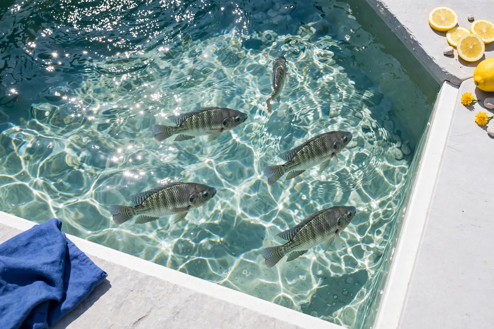 Tilapias swimming in clear water