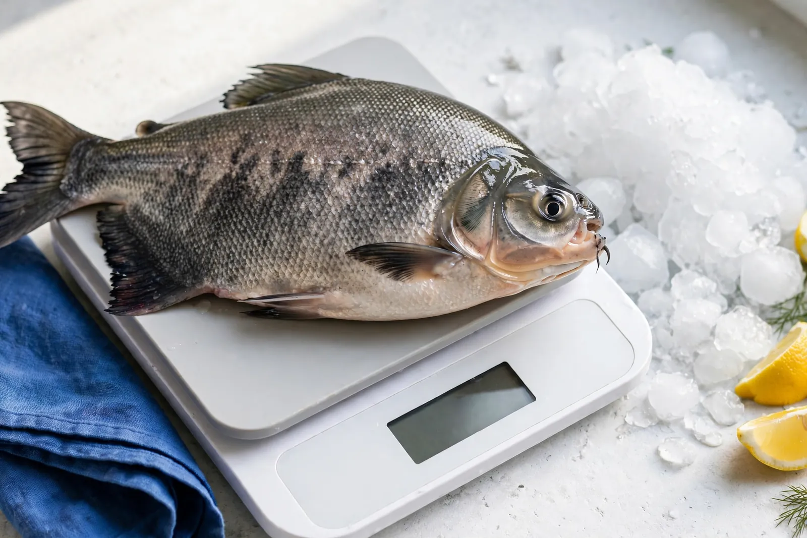 A cachama on a kitchen scale